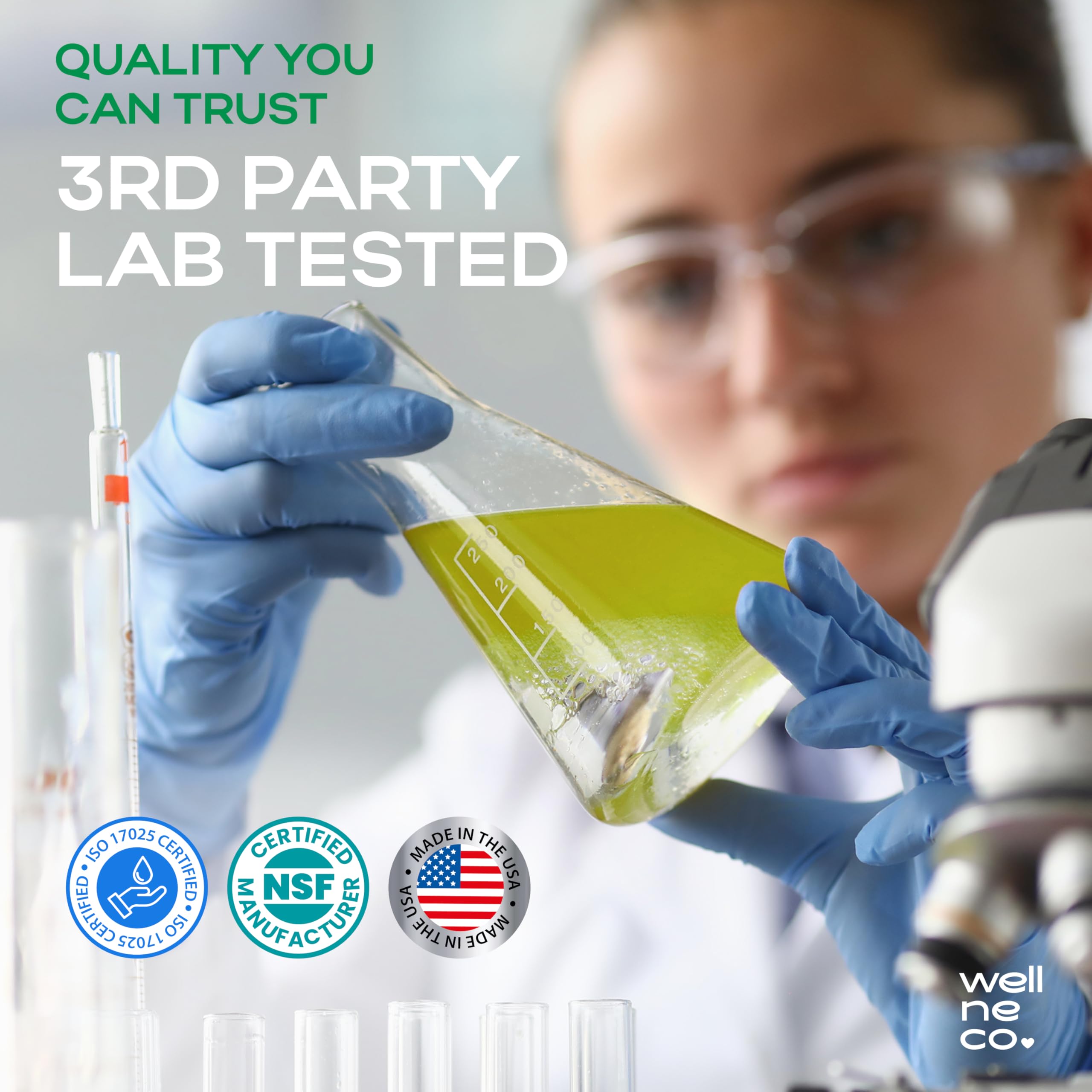Wellneco brand quality manufacturing badge – trusted purity and potency.