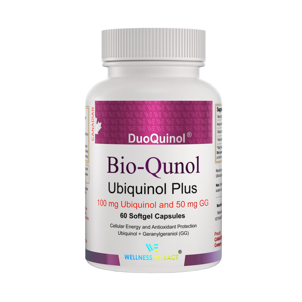 Front view of Wellness Extract BioQuinol Ubiquinol CoQ10 150mg softgels bottle