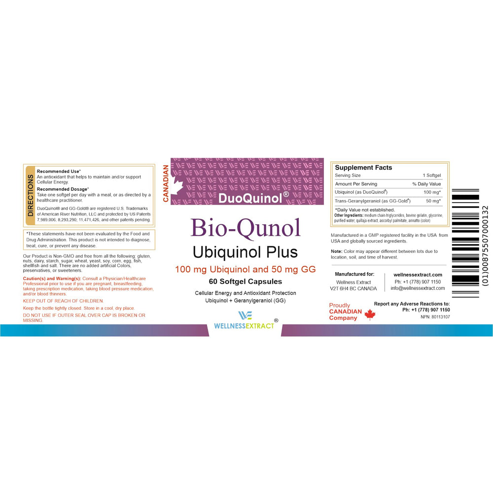 Softgel capsules beside the BioQuinol bottle