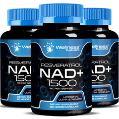 WELLNESS LABSRX NAD Supplement bottle label showing 1500mg liposomal NAD+ with resveratrol