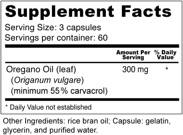 Nutrition label showing 55% carvacrol per capsule