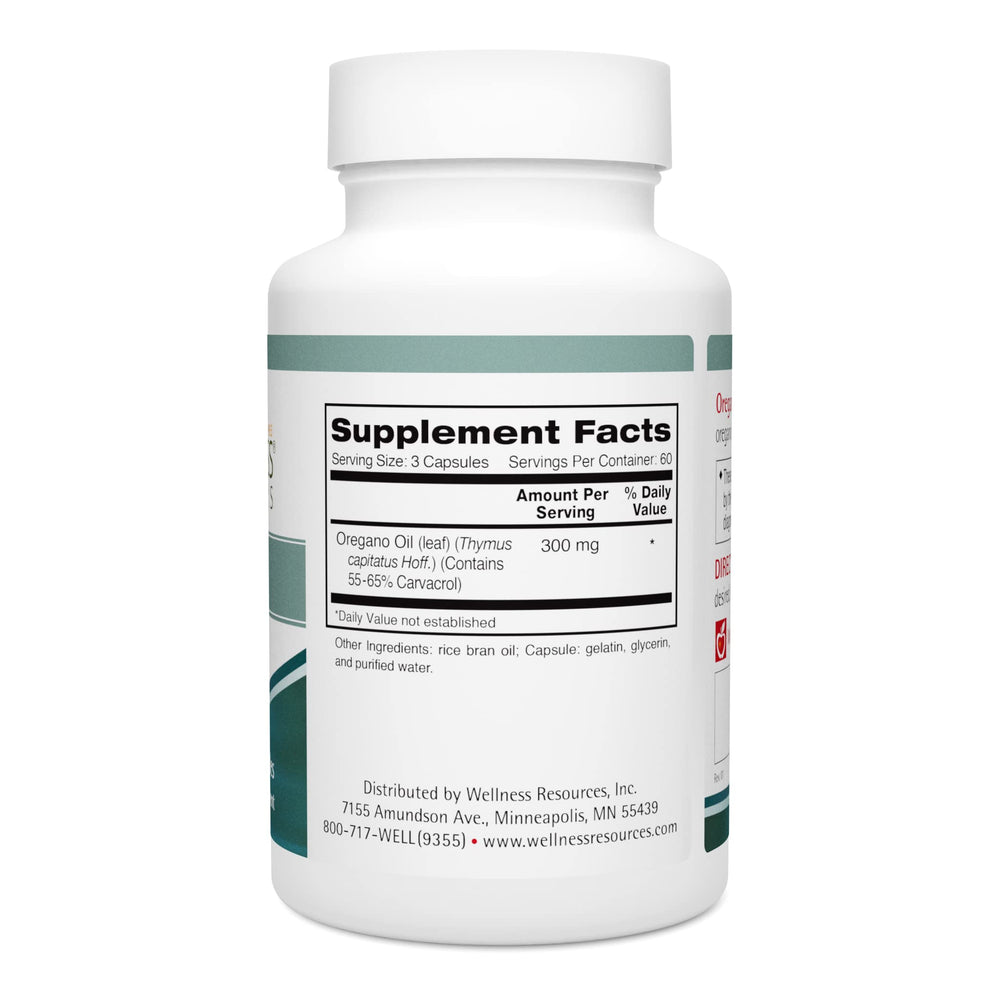 Oregano oil capsules in bottle with 180-count packaging