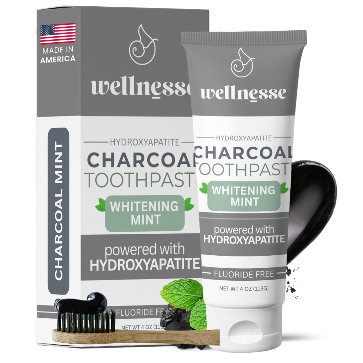 Wellnesse Activated Charcoal Toothpaste with mint flavor in tube