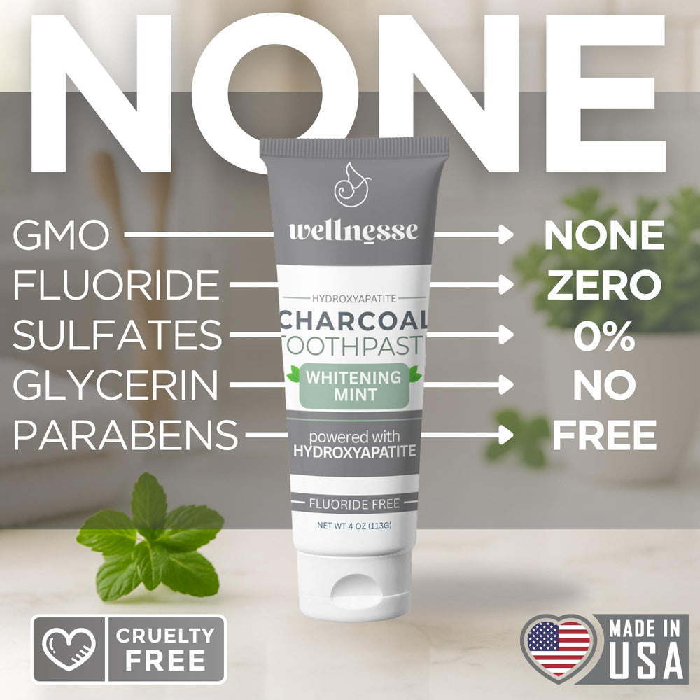 Wellnesse 4 oz charcoal toothpaste packaging on bathroom counter