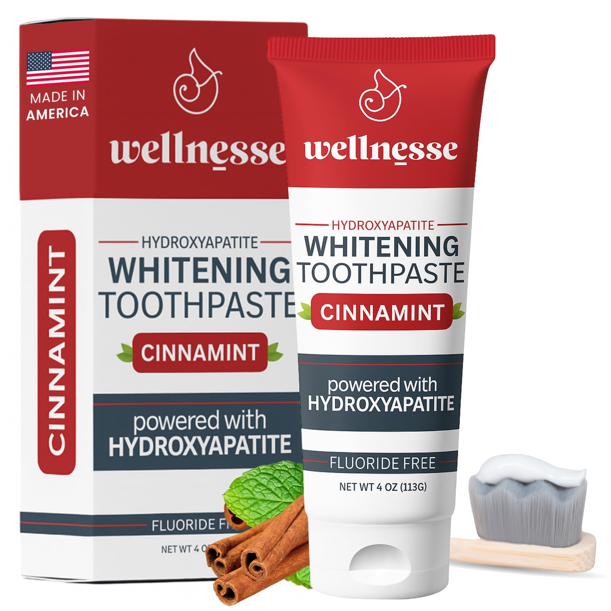 Wellnesse Hydroxyapatite Toothpaste cinnamint 4oz tube – front view