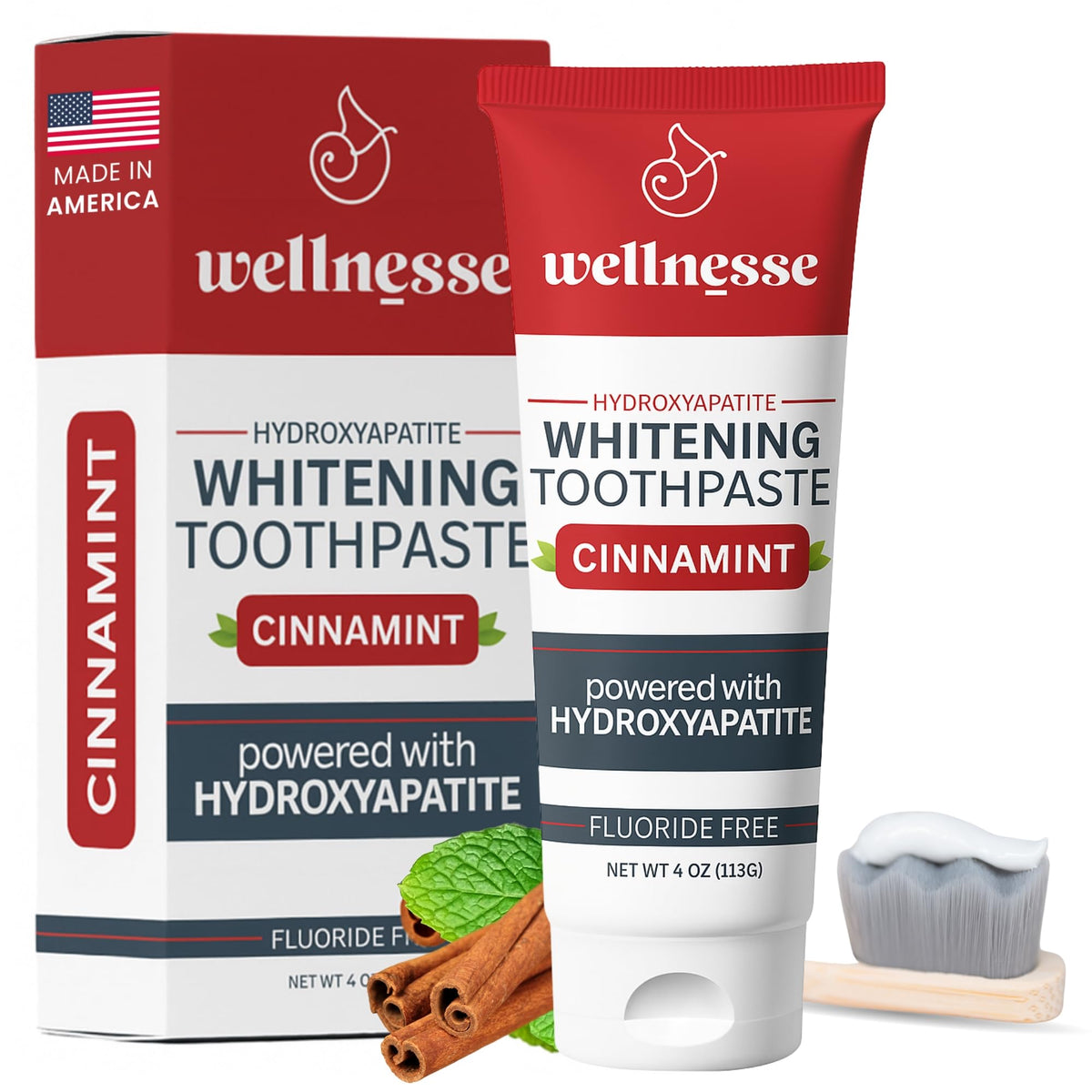 Wellnesse Hydroxyapatite Toothpaste cinnamint 4oz tube – front view
