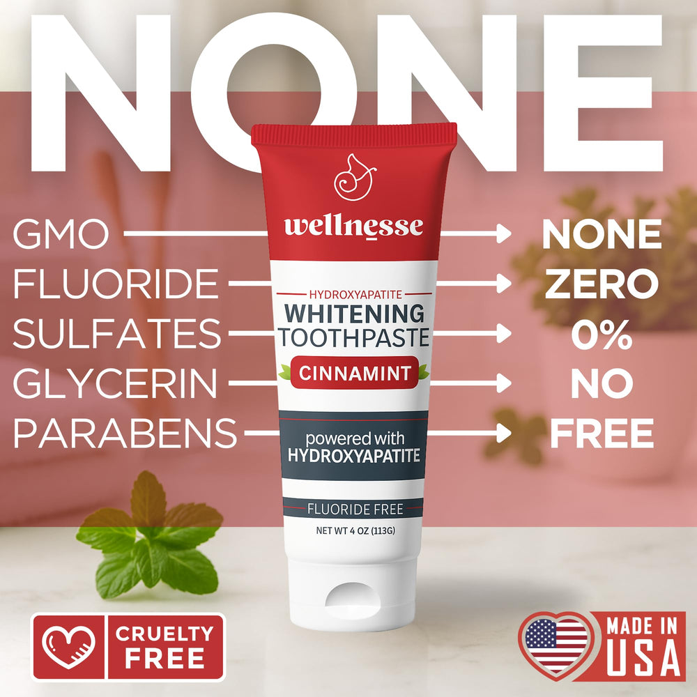 Cinnamint flavored Wellnesse toothpaste packaging in hand