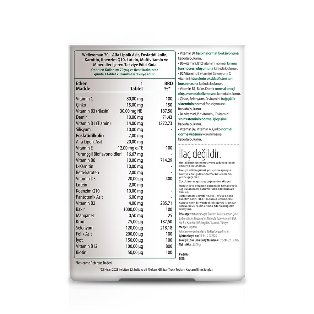 Close-up of Wellwoman 70+ Tablets label