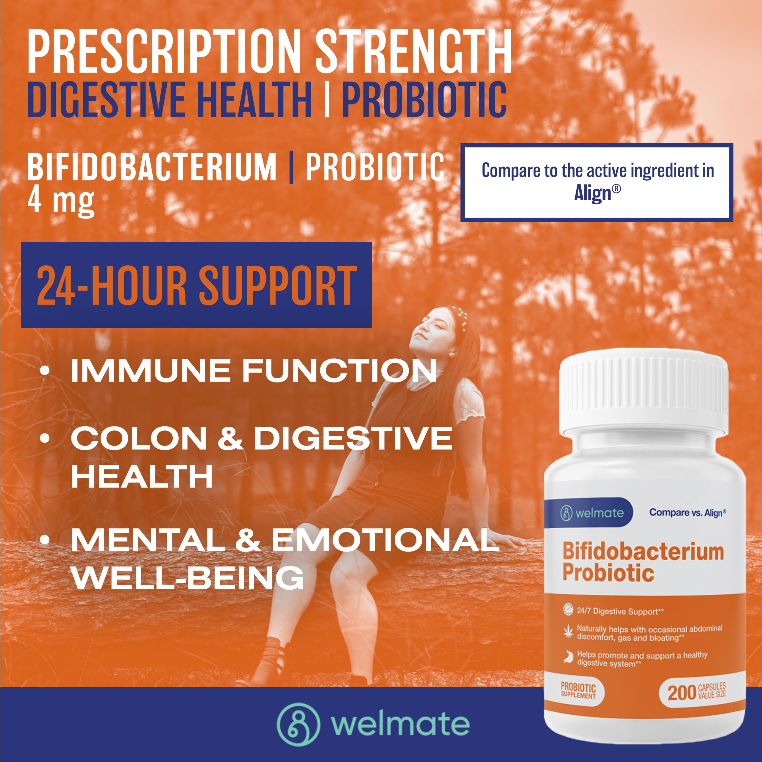 Back label of WELMATE Bifidobacterium probiotic bottle with product details