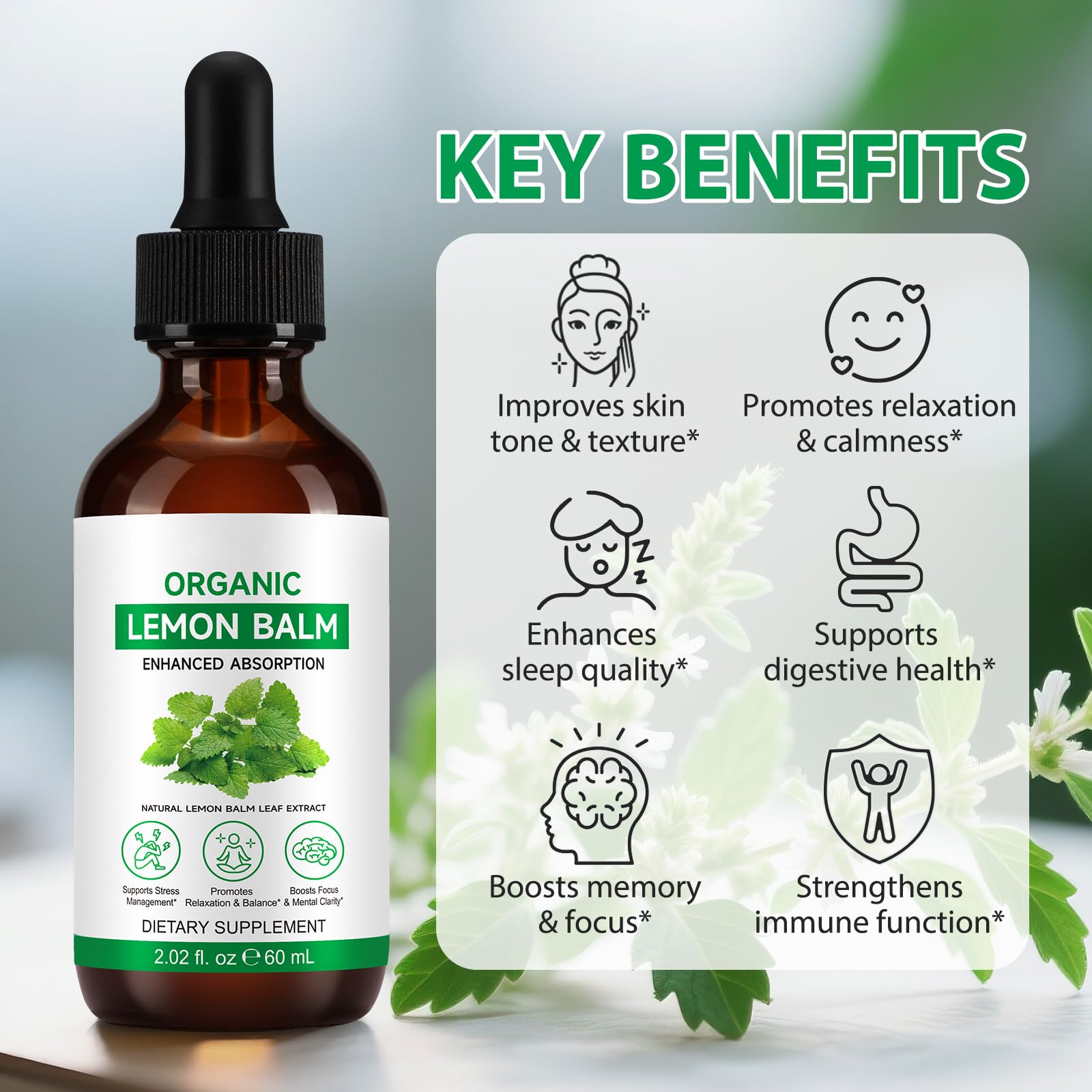 Close-up of lemon balm leaf extract liquid in dropper