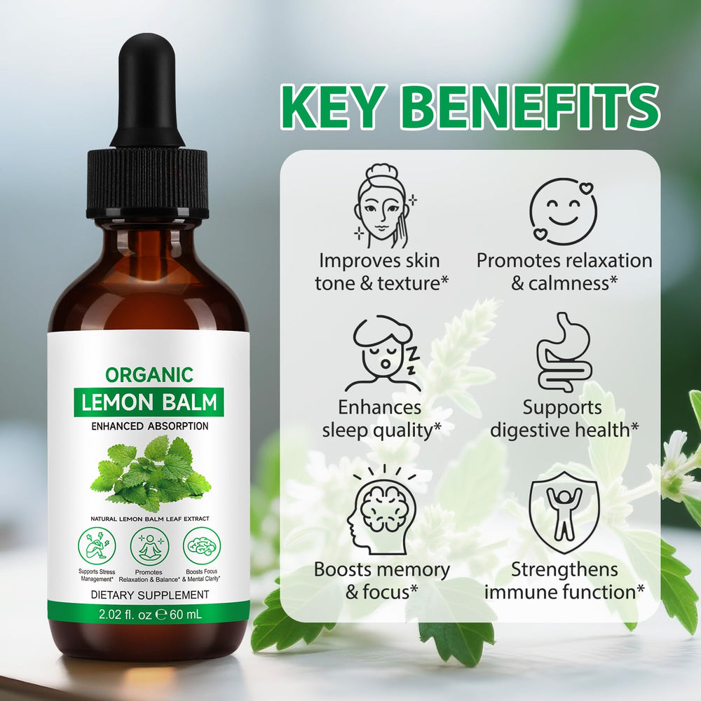 Close-up of lemon balm leaf extract liquid in dropper