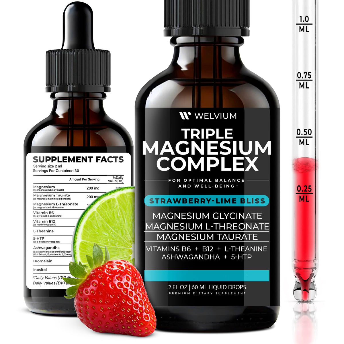 WELVIUM front bottle view showing label and strawberry‑lime flavor benefit