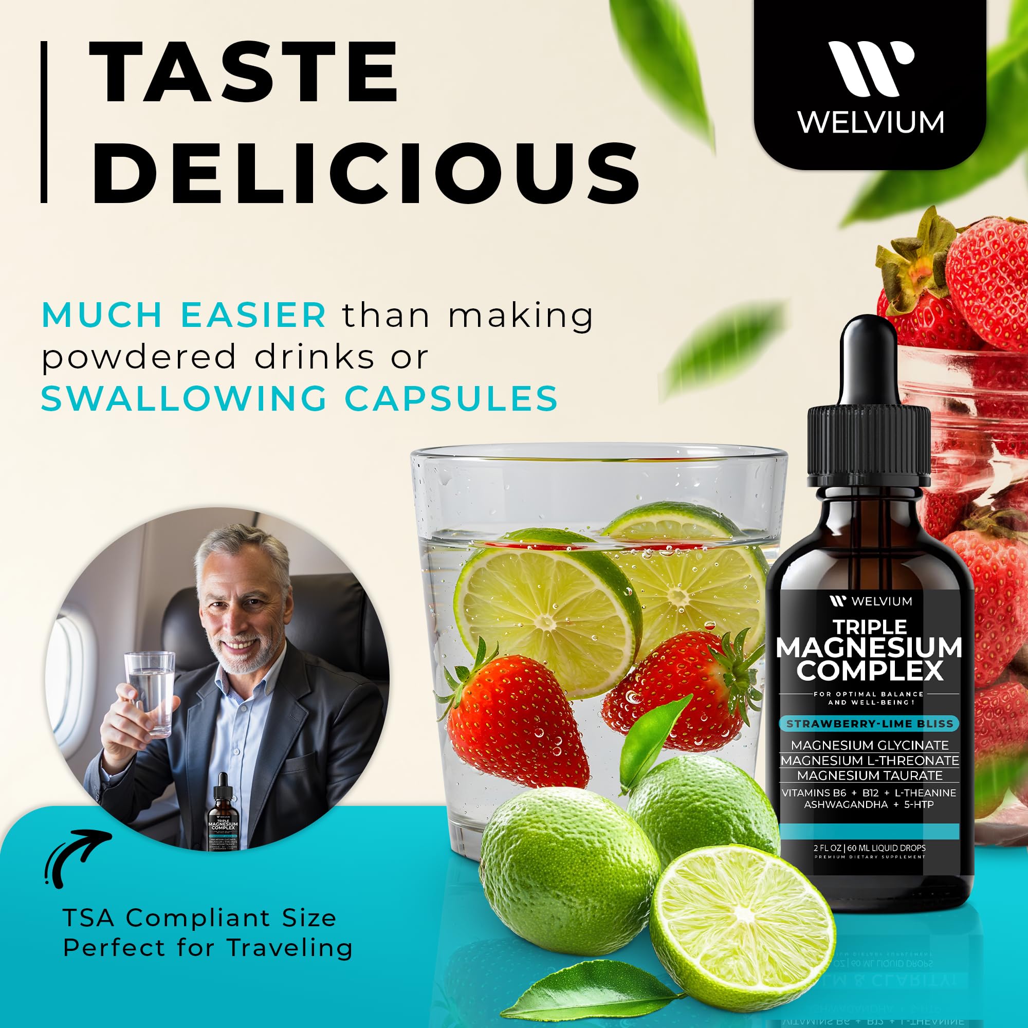 WELVIUM bottle beside a ruler showing compact 60ml travel size