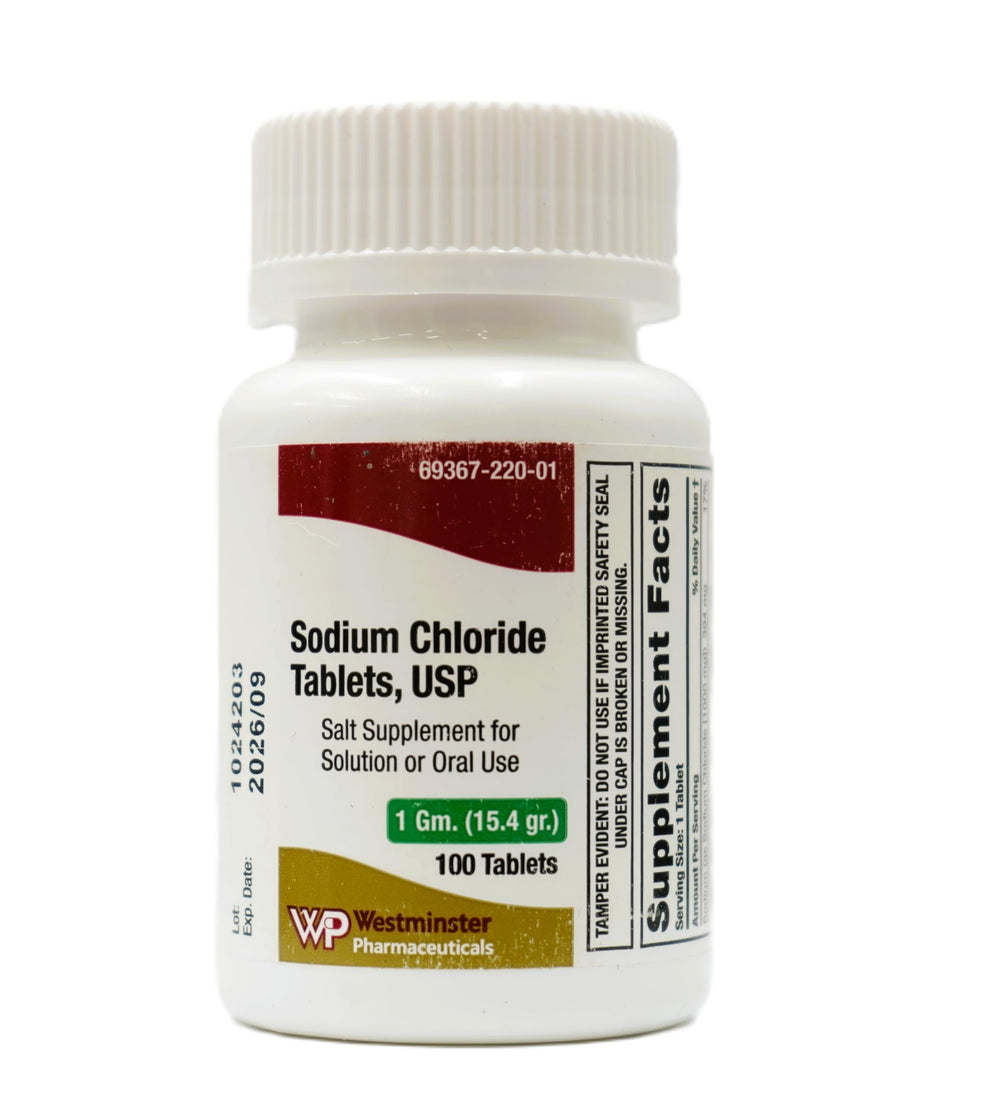 Westminster Pharmaceuticals Sodium Chloride Tablets bottle pour for easy hydration preparation