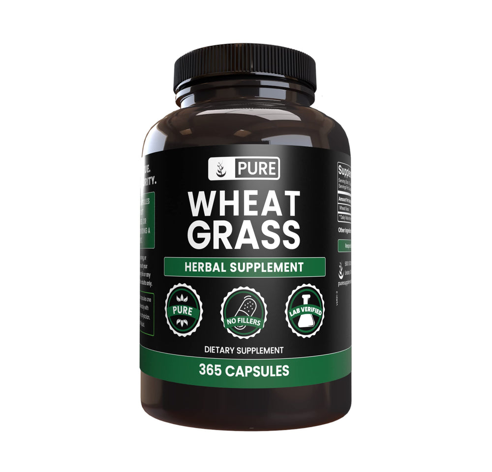 Front view of Pure Wheat Grass Capsules bottle (365 count)