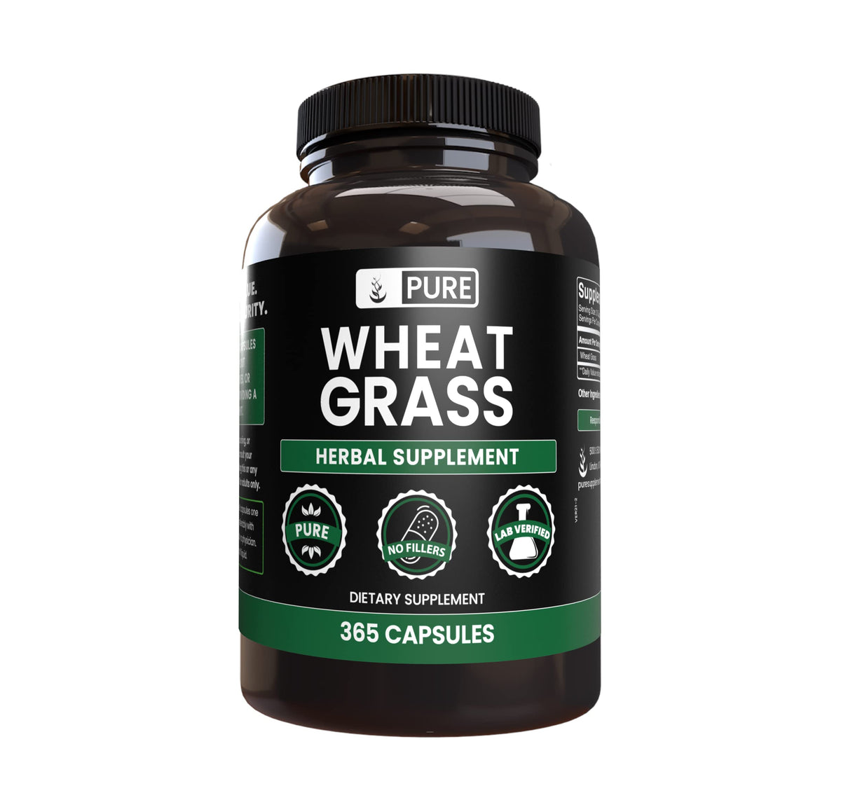 Front view of Pure Wheat Grass Capsules bottle (365 count)