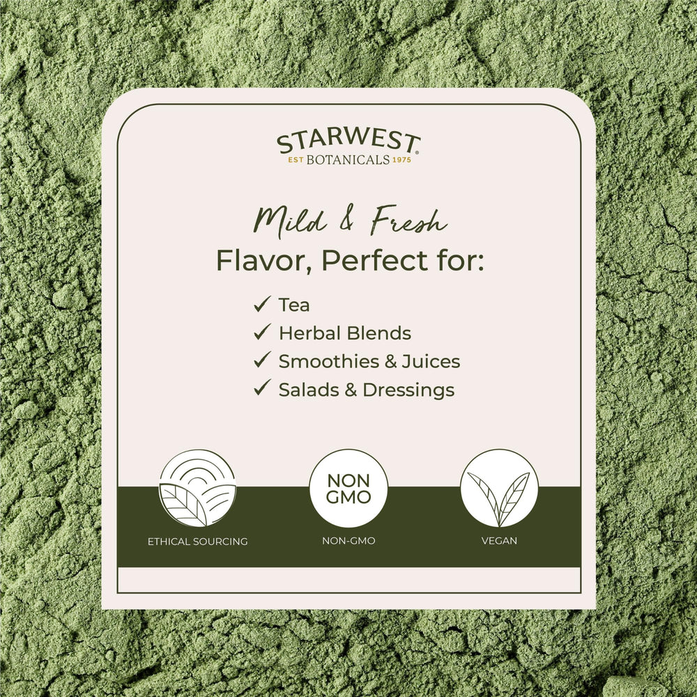Wheatgrass powder added to juice, tea, or water