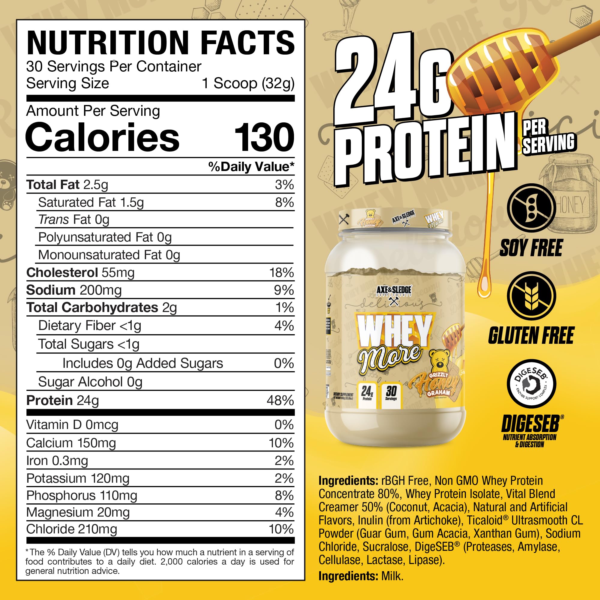 Whey concentrate and whey isolate blend delivering 24g protein per serving