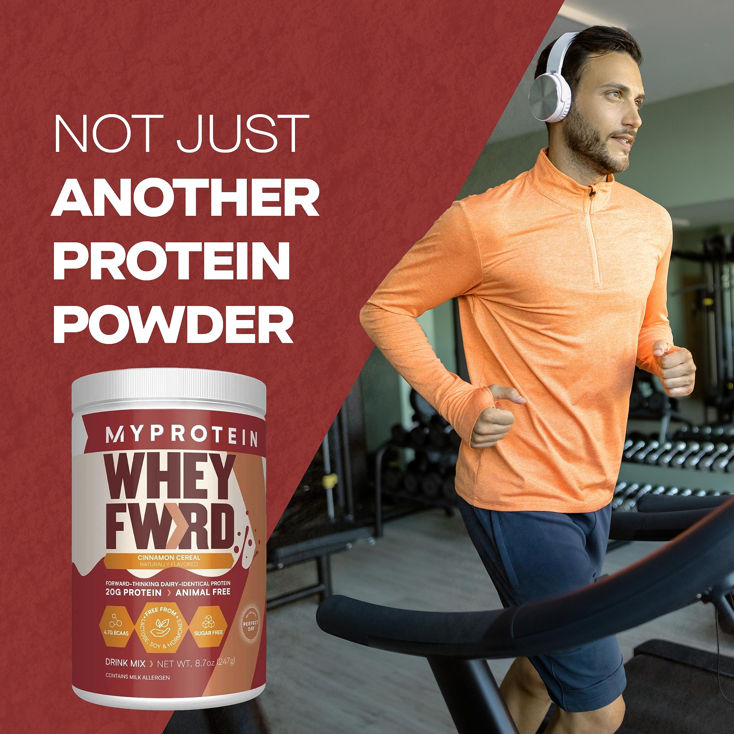 Close-up of Cinnamon Cereal flavor label on Whey Forward tub