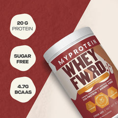 Scoop pouring protein powder into a glass for a shake