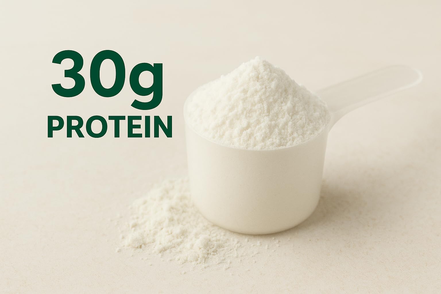 Scoop of unflavored whey isolate protein powder with 30 g protein serving