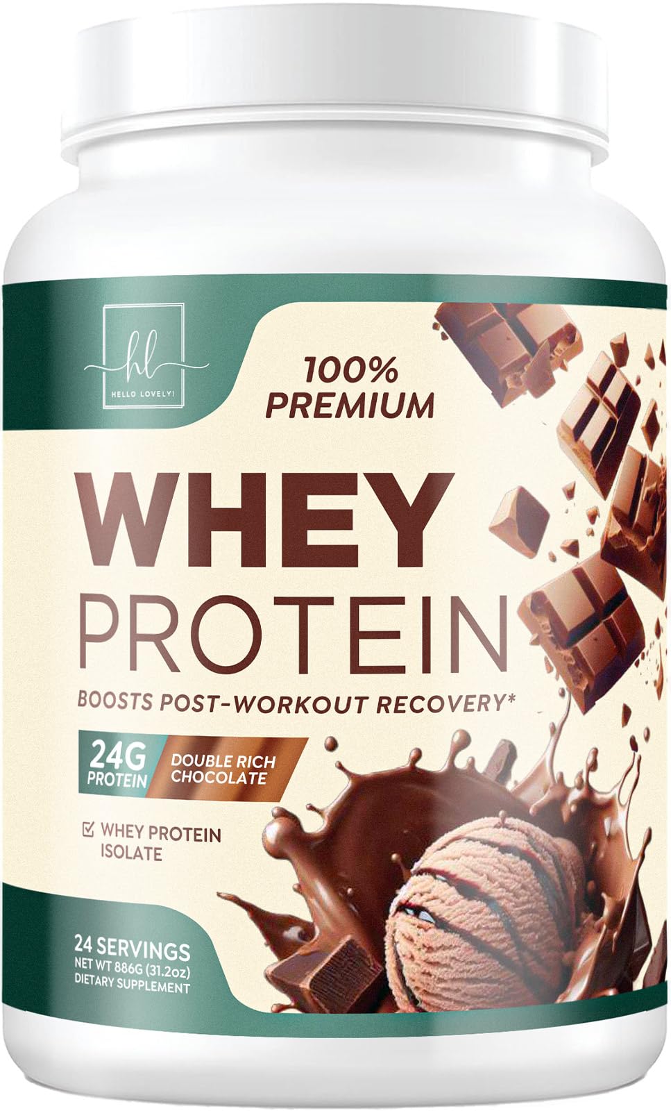 Chocolate whey protein powder tub with grass-fed label