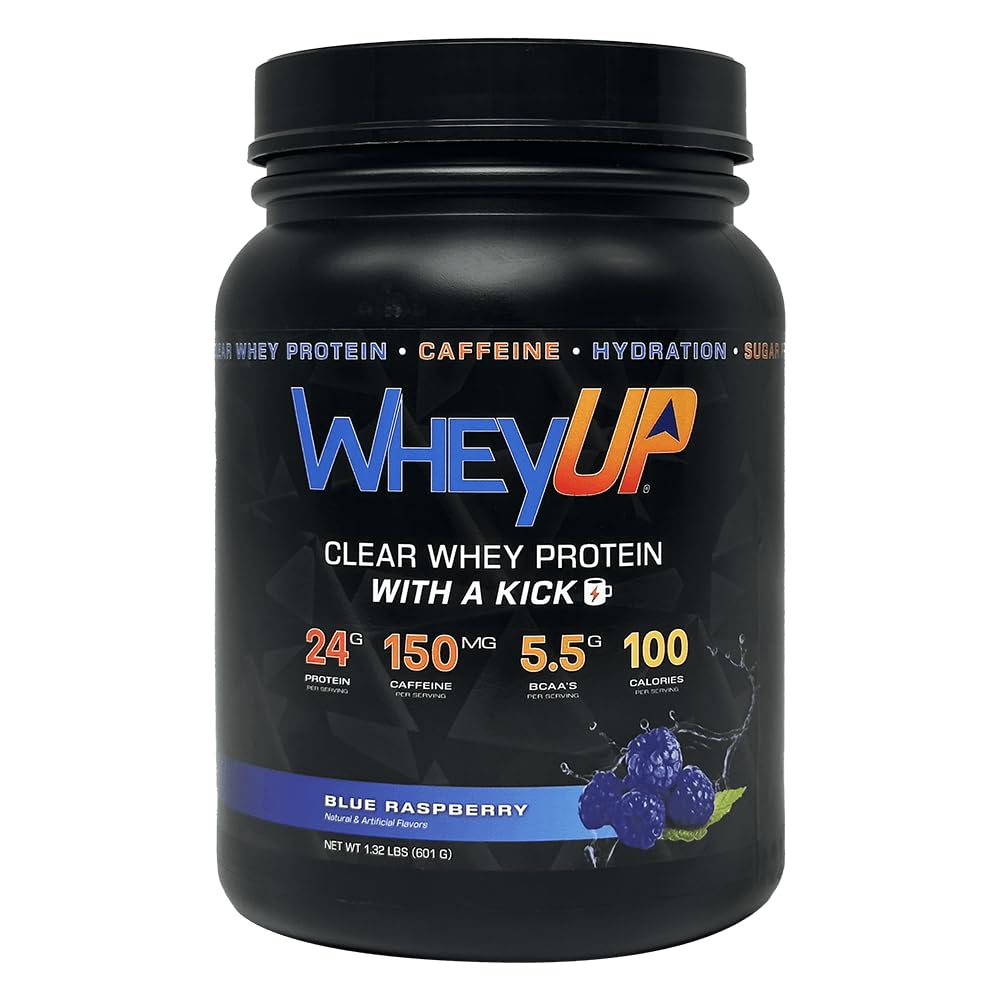 WheyUP Clear Whey Isolate blue raspberry bottle highlights juice-style protein for pre-workout energy