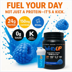 WheyUP Clear Whey Isolate blue raspberry pour captures quick-mix, caffeine-fueled hydration on the go