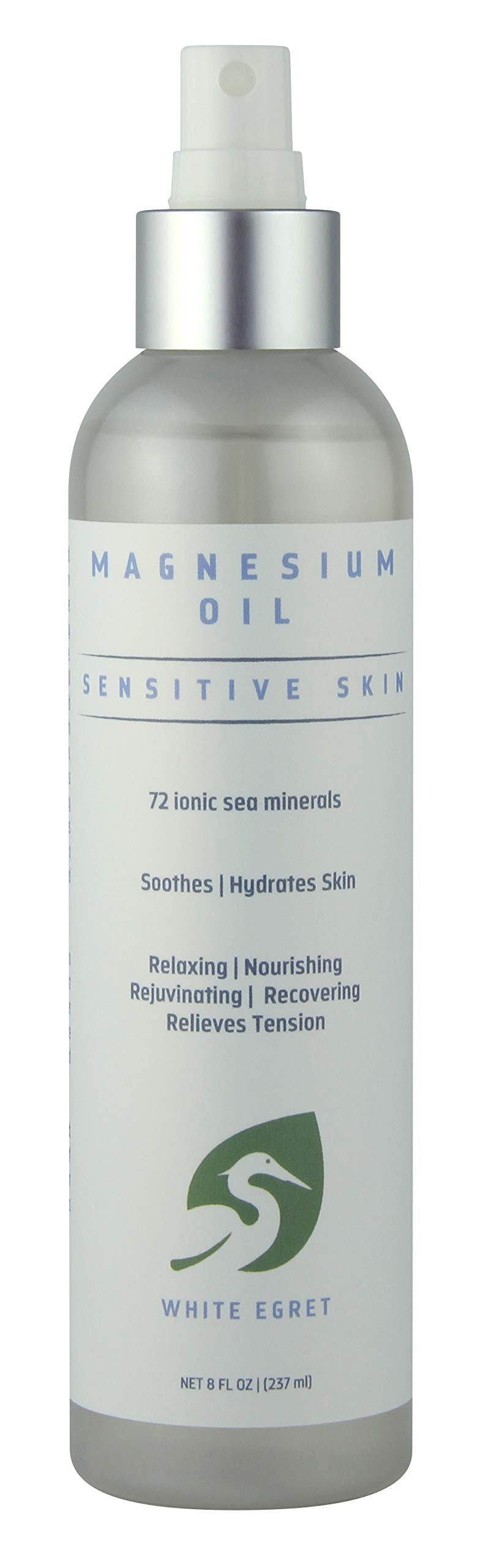 White Egret Magnesium Oil Spray 8oz bottle with 72 ionic sea minerals - hero image