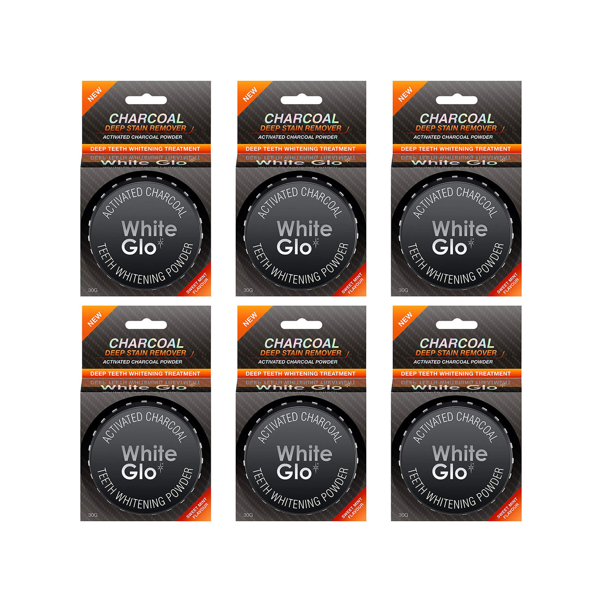 Front view of White Glo Activated Charcoal Teeth Whitening Powder Pack of 6