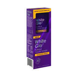 Bottle of White Glo Purple Tooth Toner Whitening Serum with purple colour correctors