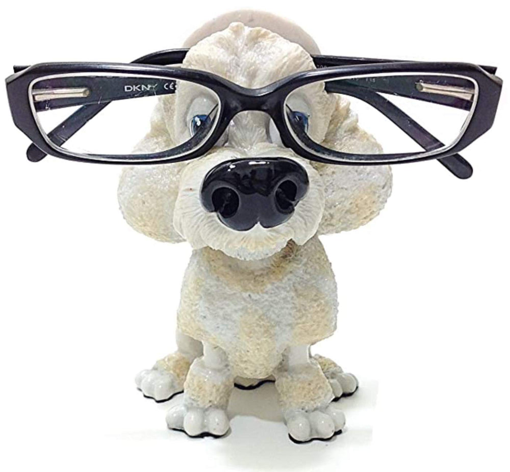Front view of White Poodle eyeglass holder stand