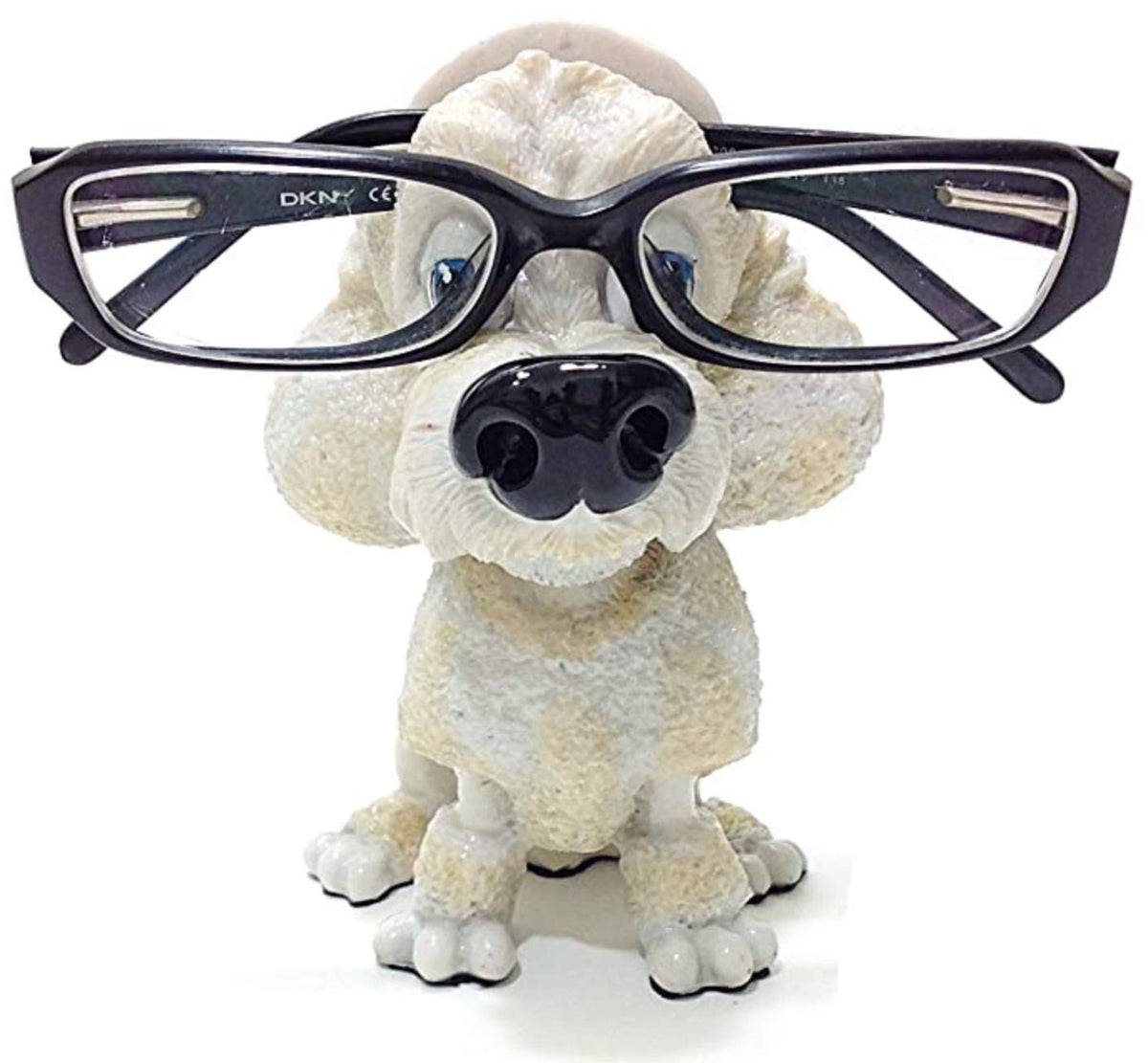 Front view of White Poodle eyeglass holder stand