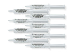 Close-up of White Teeth Global 44% carbamide peroxide whitening gel syringe (1 of 2).