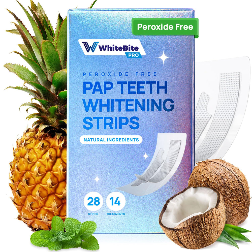 Whitebite Pro natural PAP teeth whitening strips box with 28 strips