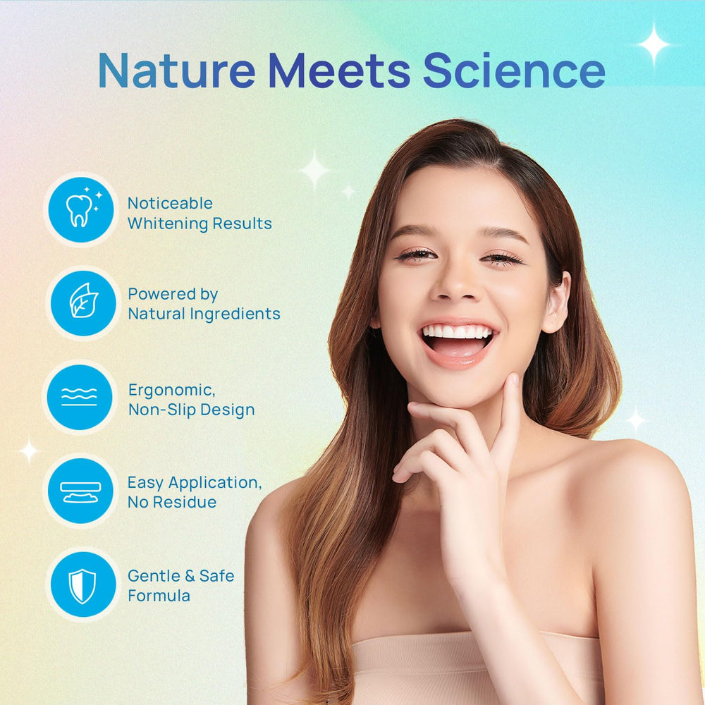 Curved ergonomic non-slip whitening strips applied to teeth