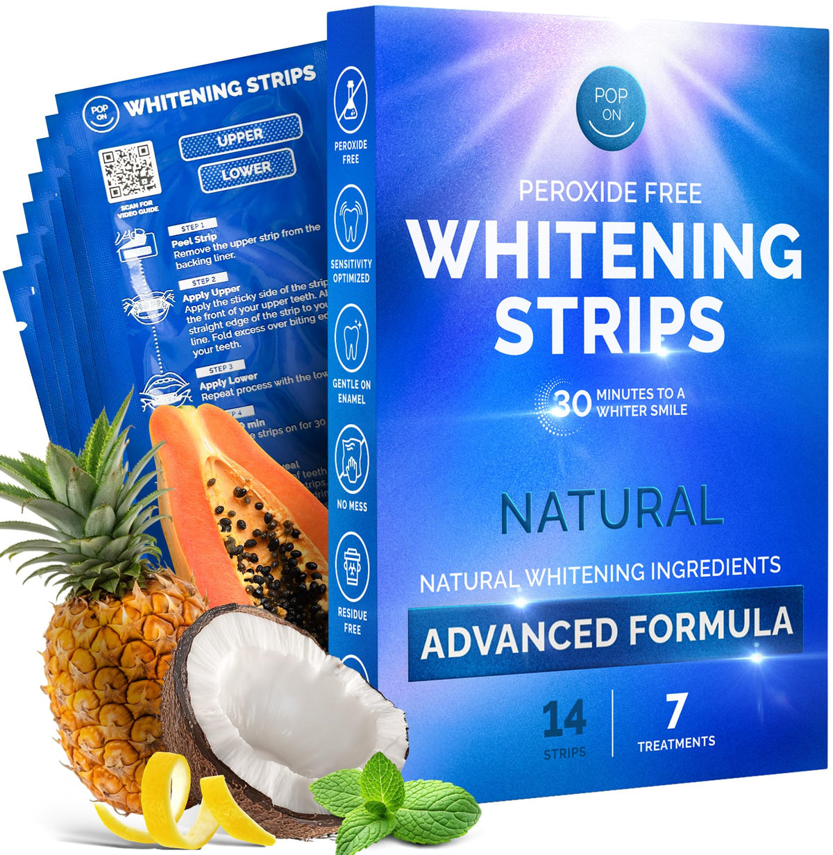 Front view of Whitening Strips for Sensitive Teeth Coconut packaging