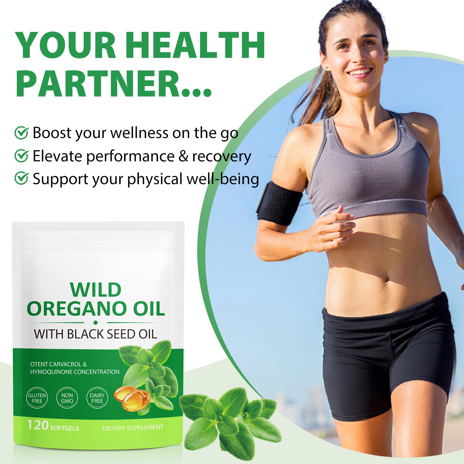 Two softgels showcasing the oregano and black seed oil blend