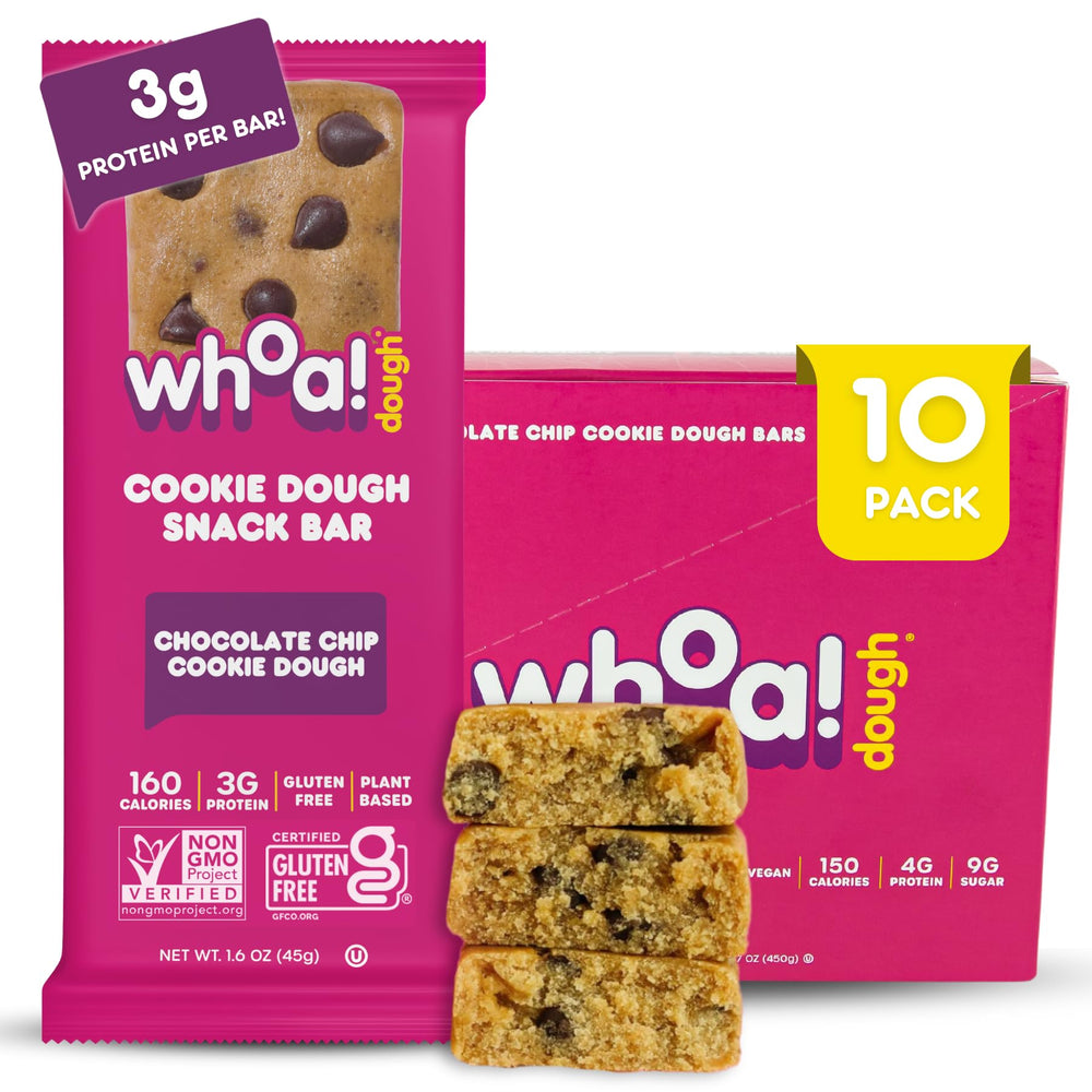 Whoa Dough chocolate chip bar close-up, gluten-free snack for on-the-go cravings.