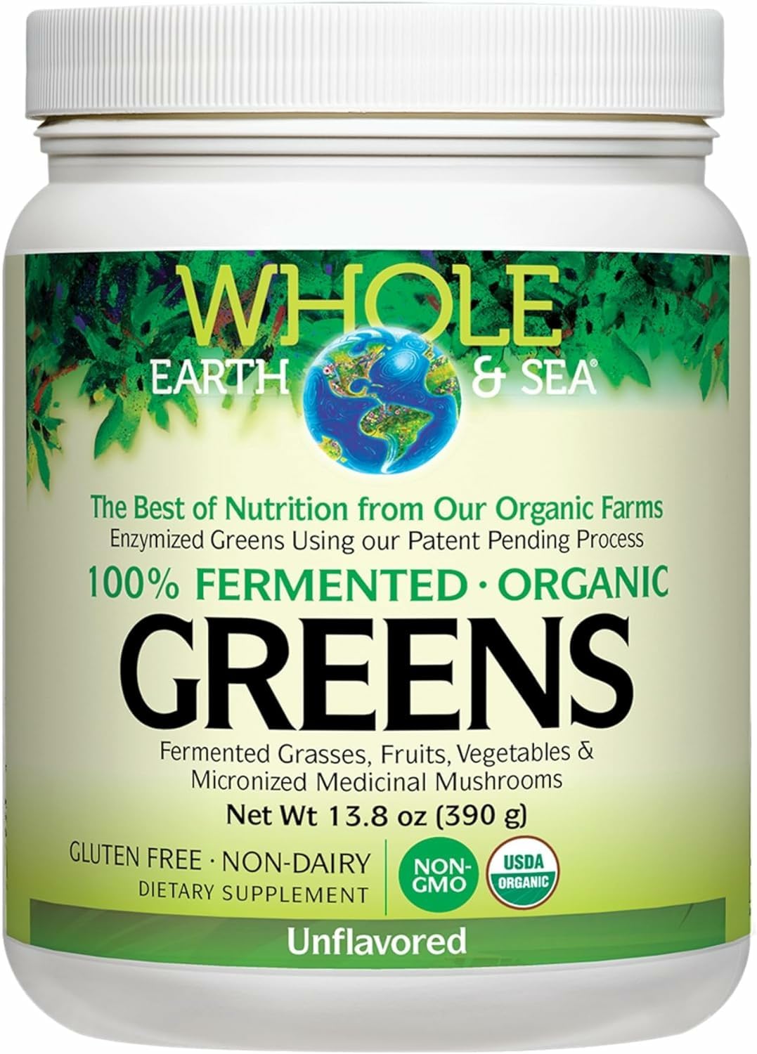 Front label: Whole Earth & Sea Organic Fermented Greens 13.8 oz