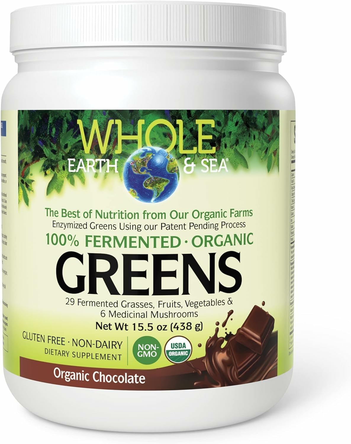 Whole Earth & Sea Organic Fermented Greens chocolate flavor 15.5 oz packaging