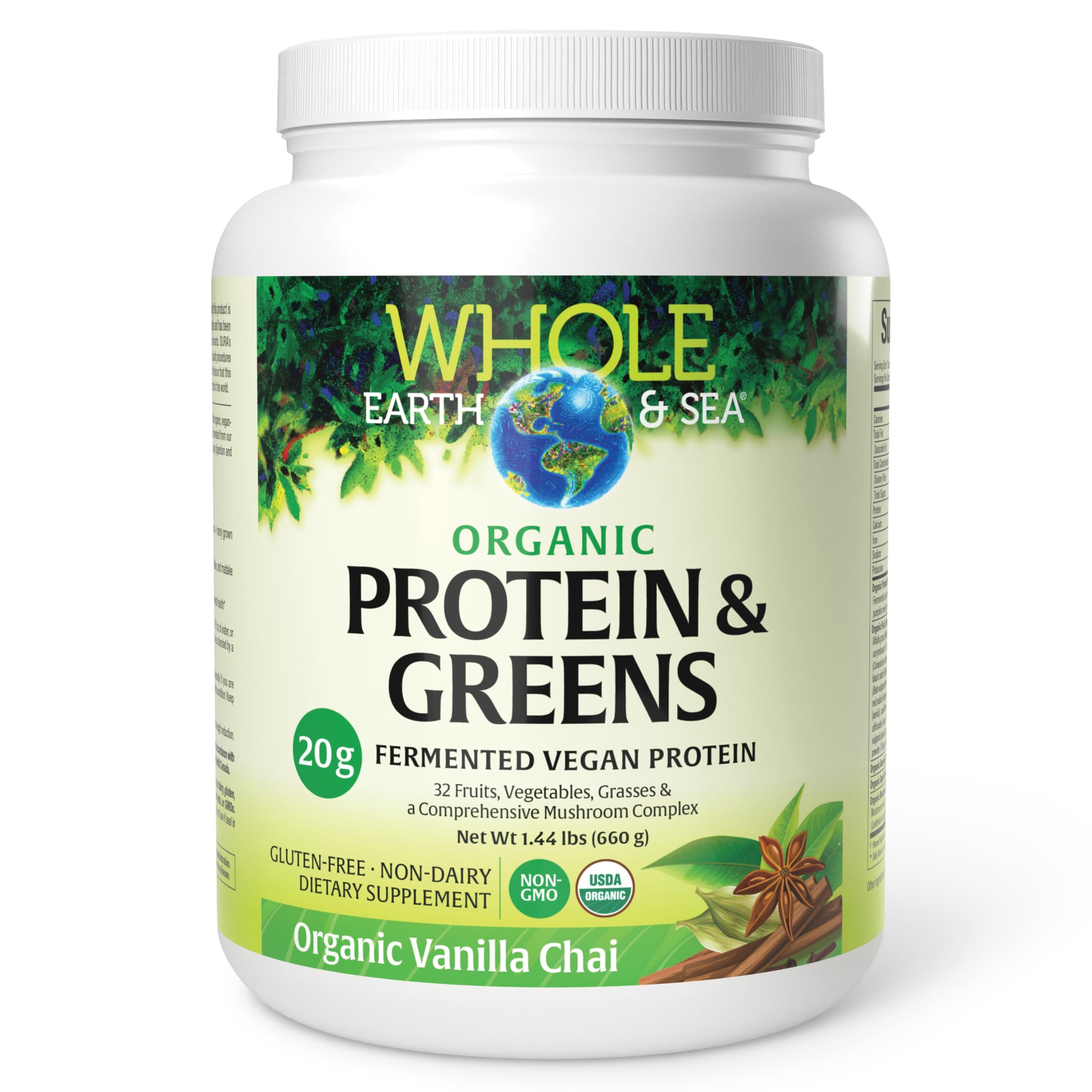 Front view of Whole Earth & Sea Vanilla Chai Organic Fermented Protein & Greens bottle, 1 lb 7 oz.