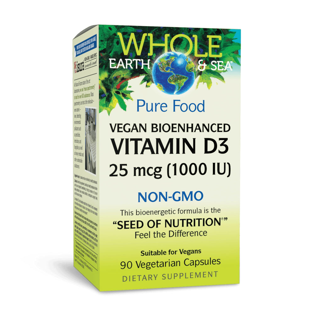 Front label of Whole Earth & Sea Vitamin D3 1000 IU (90 capsules).