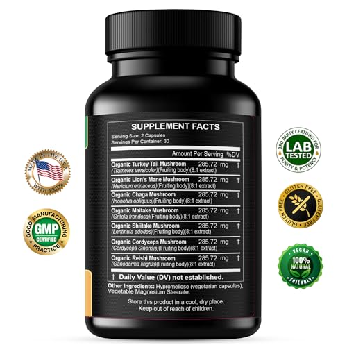 Close-up of whole fruit body mushroom powder in capsules