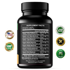 Close-up of whole fruit body mushroom powder in capsules