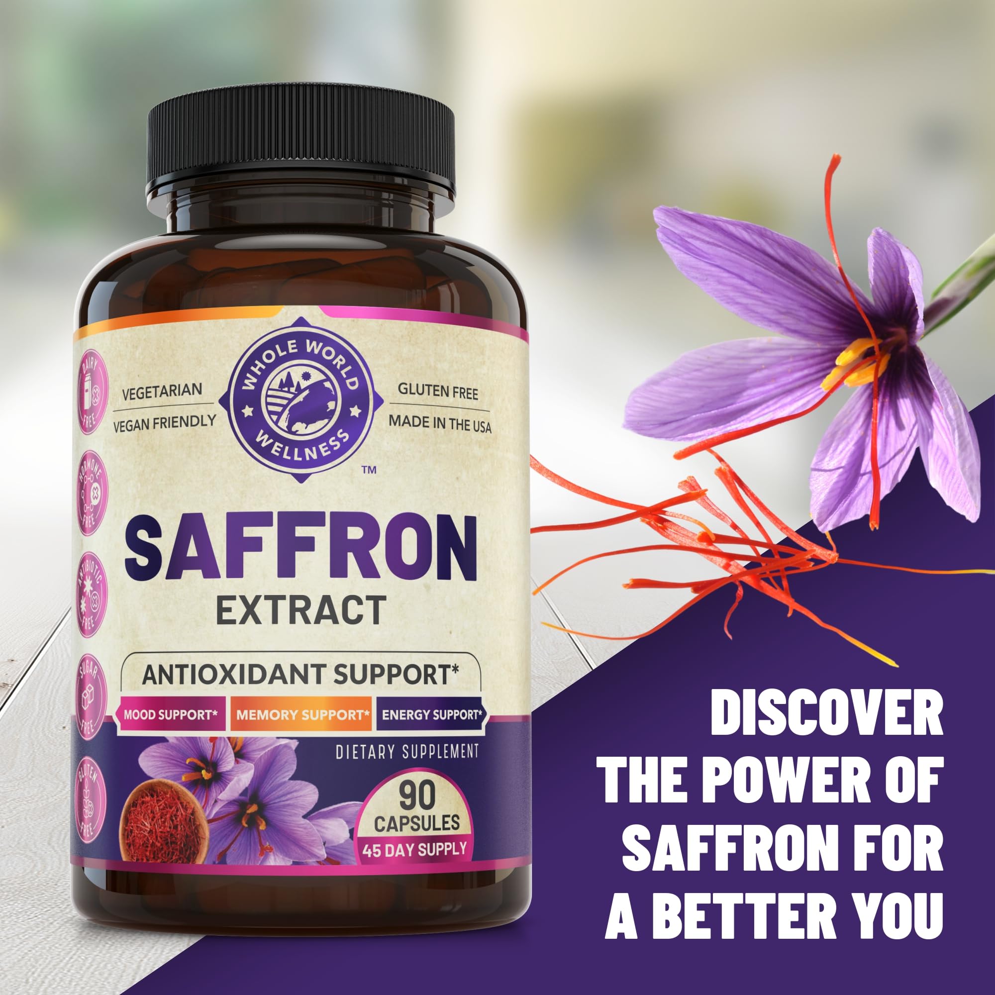WHOLE WORLD WELLNESS saffron cap closeup emphasizes clean allergen-free formula