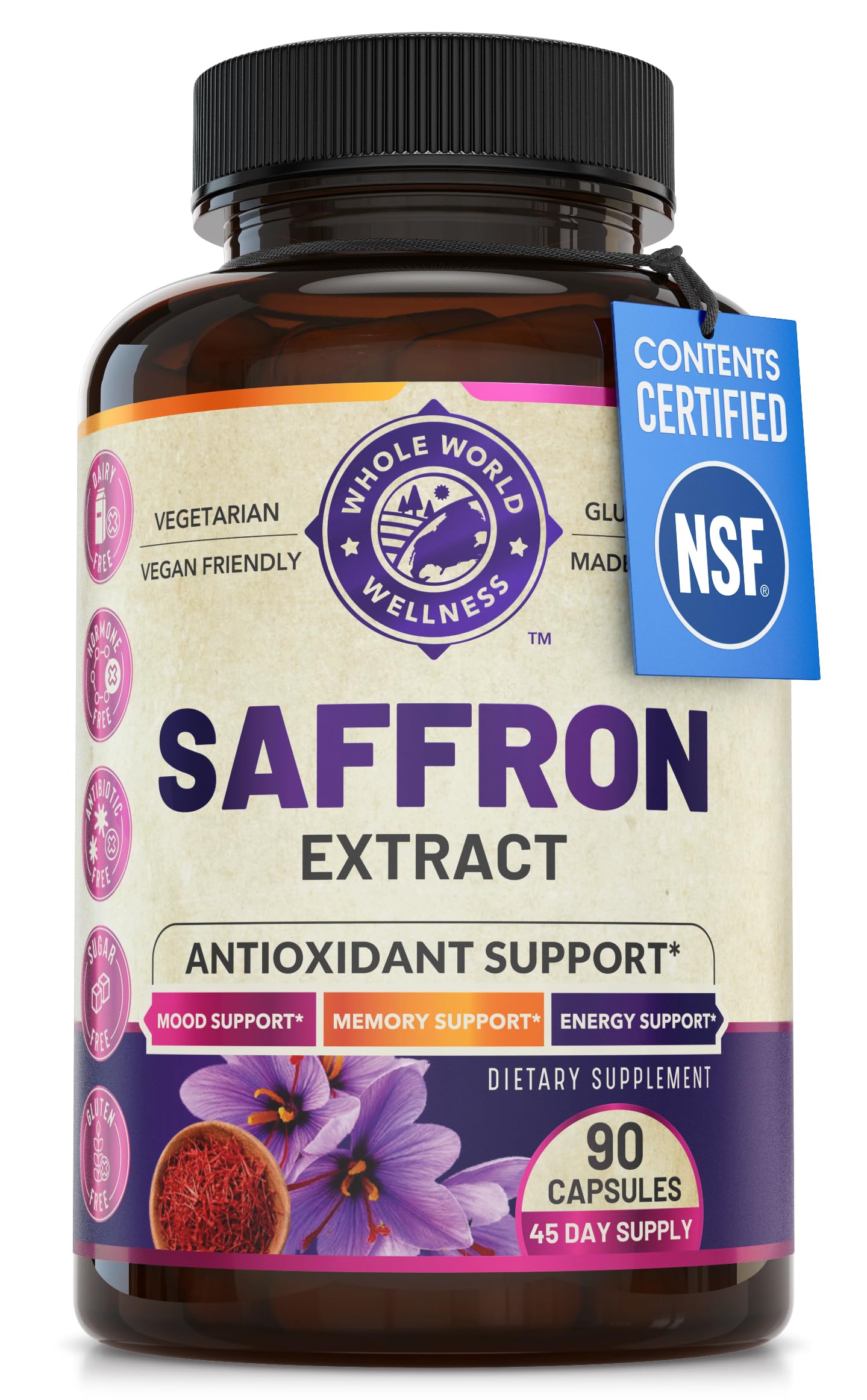 WHOLE WORLD WELLNESS saffron extract bottle shows mood and focus support potential
