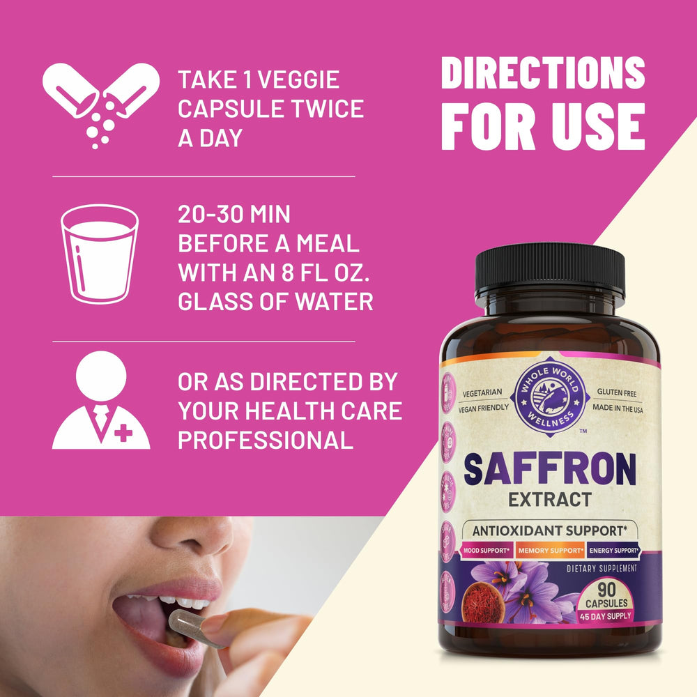 WHOLE WORLD WELLNESS saffron supplement packaging front conveys premium mood support