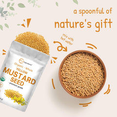 Raw whole yellow mustard seeds pouring from pouch