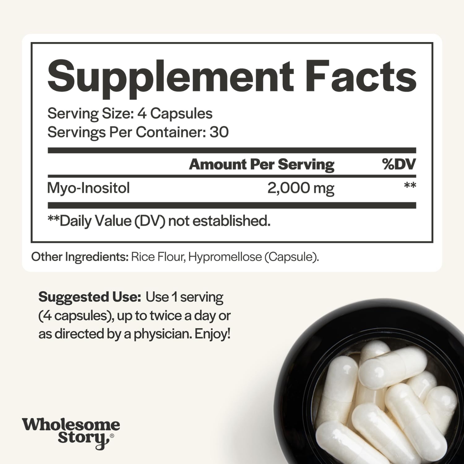 Wholesome Story four capsules on spoon illustrating one 2000mg serving convenience